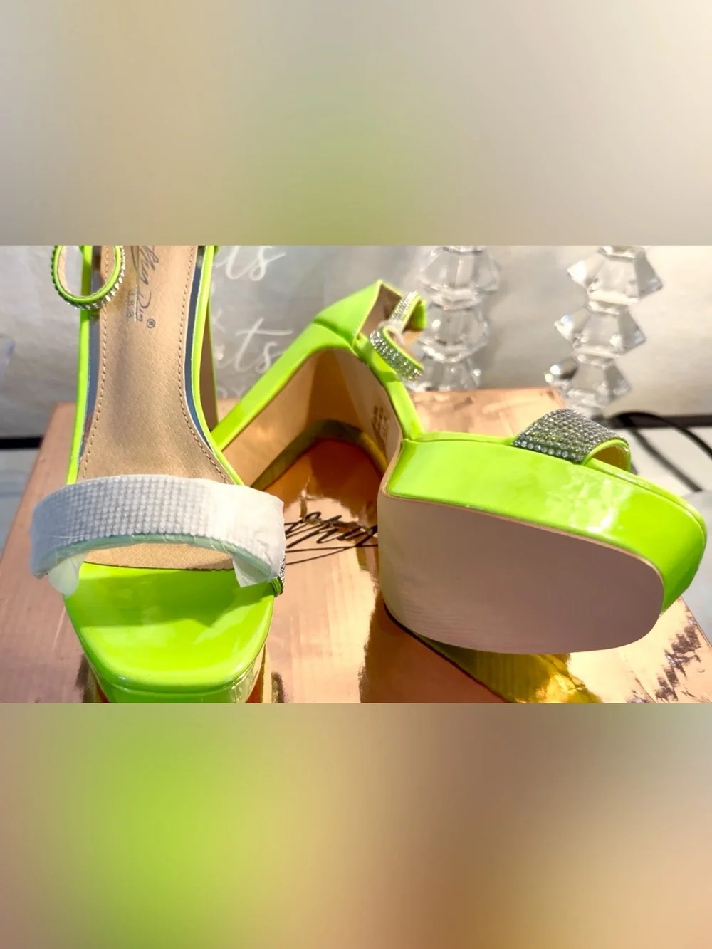 Neon Green Rhinestone Platform Heels with Ankle Strap Size 8 (4.75” heel)